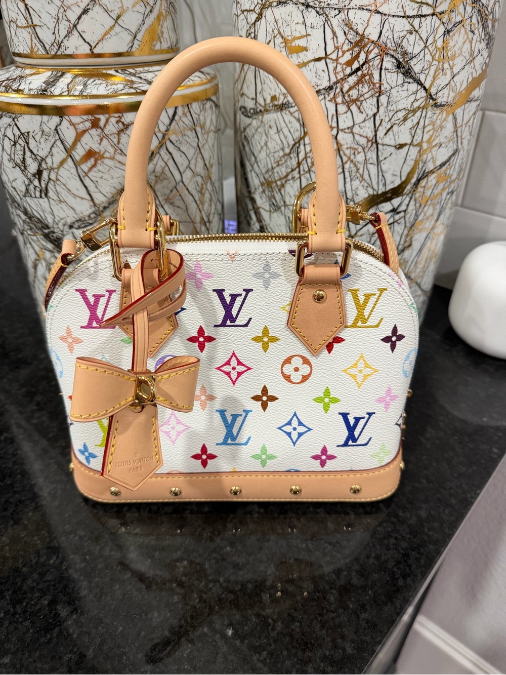 Louis Vuitton White Multicolor Mini Alma Satchel with Tan Handles